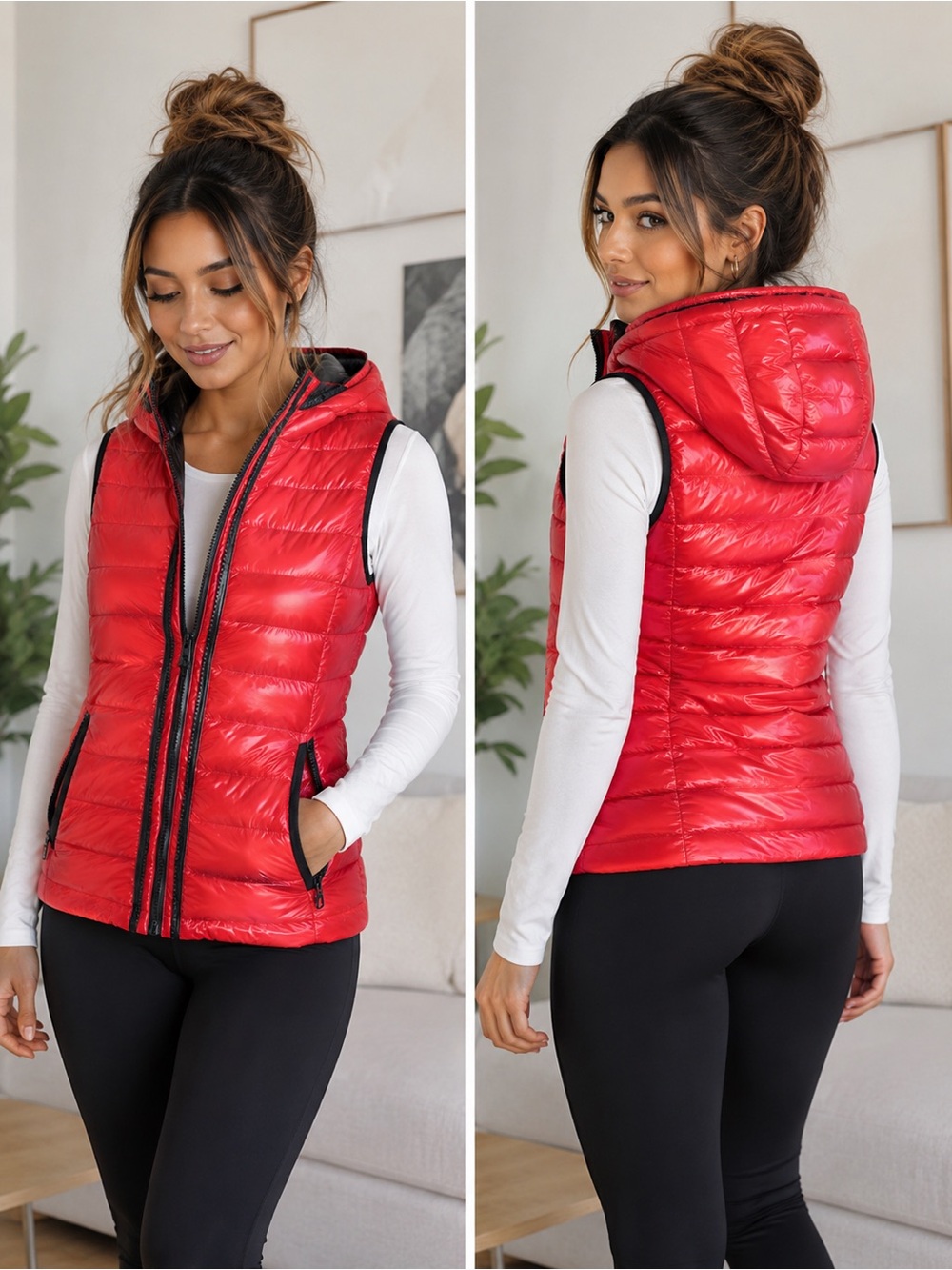 Women’s Red Quilted Hooded Puffer Vest - Picture 1 of 2